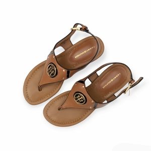 Tommy Hilfiger Cognac Tan Gold Tone Logo Chunk Heel Sandals 7